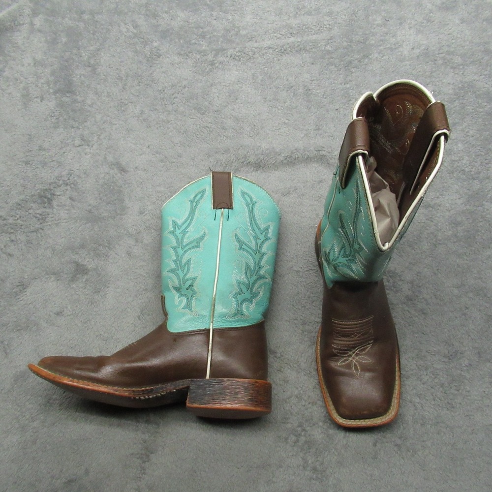 Justin Cowboy Boot Youth 1D Square Toe Brown Turquoise Western Embroidery Riding